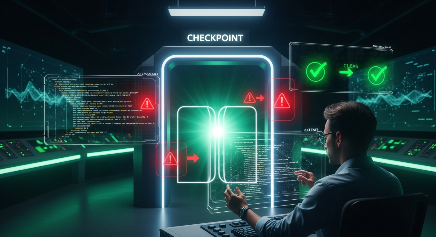 AI DevOps Governance Framework 2026 — Human engineer reviewing AI changes at a digital control checkpoint