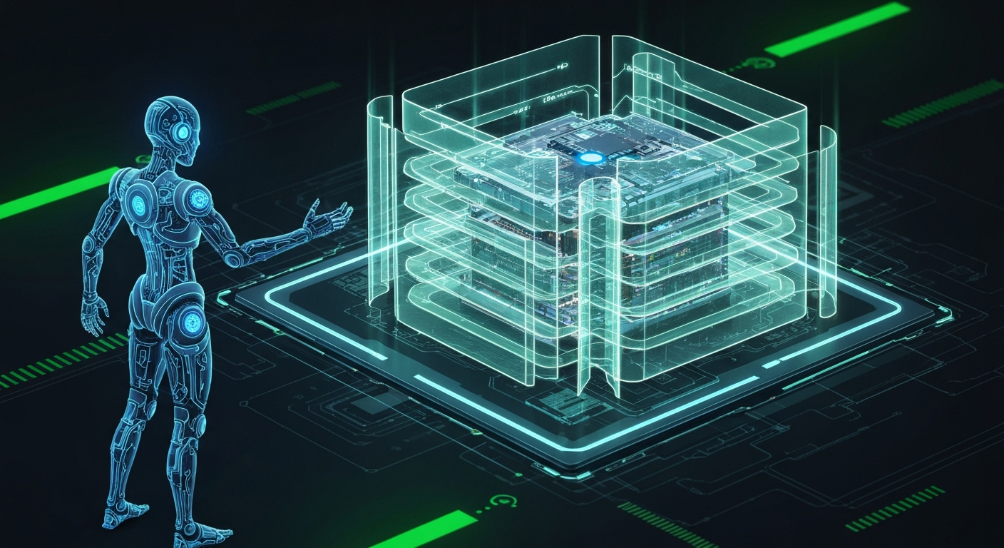 Guardrails for AI agents — protective barrier around an AI neural network on dark background