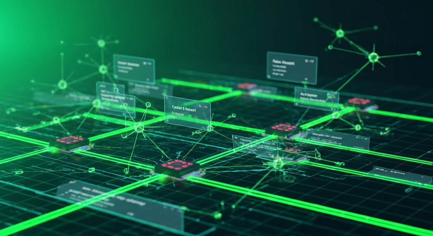 Multi-agent context engineering in Kubernetes — neural networks and Kubernetes pods connected by glowing green data streams