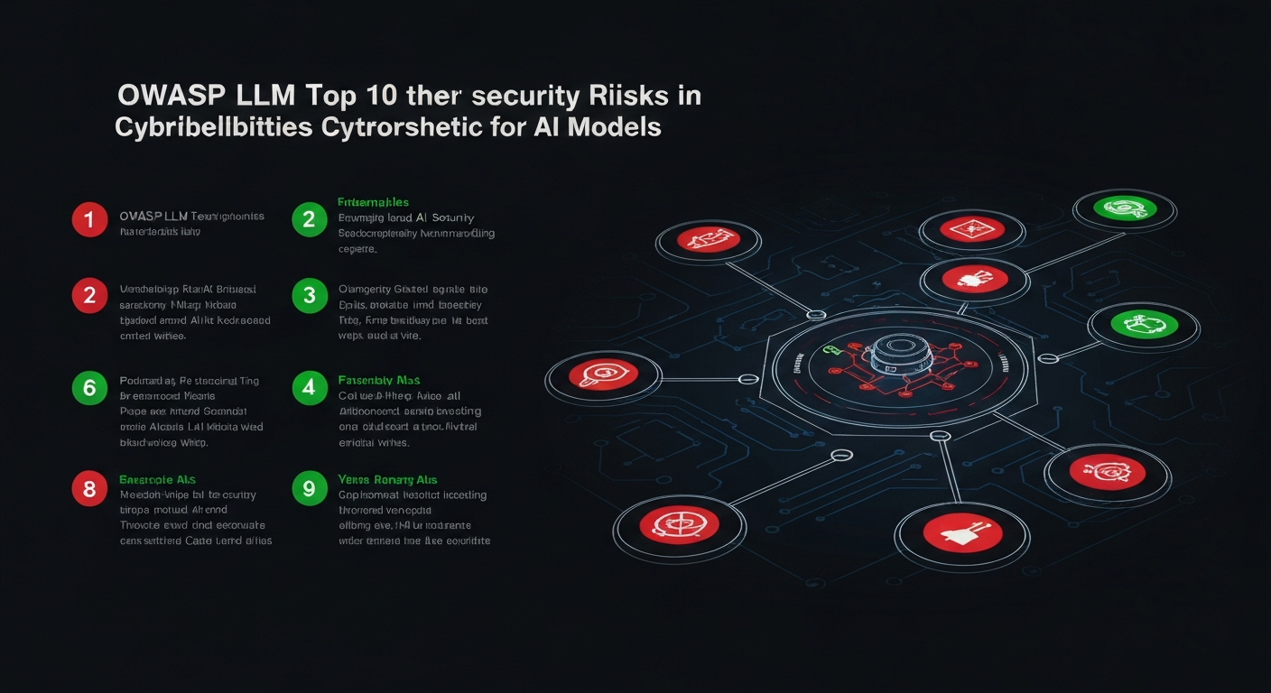 OWASP LLM Top 10 security vulnerabilities for AI systems — shield with AI neural network on dark background